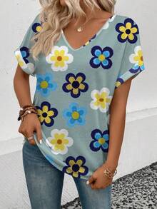 SHEIN LUNE Women's Floral Pattern V-Neck Short Sleeve T-Shirt, Spring/Summer - Multicolor - View 4
