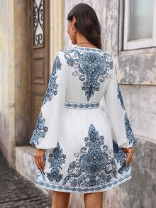 EMERY ROSE Women's Vintage Casual Long Sleeve Waist Cinched Short Dress,White And Blue Floral,Autumn,Boho,Tea Party,Holiday Lantern Sleeve Vacation Outfits - Blue and White - View 2