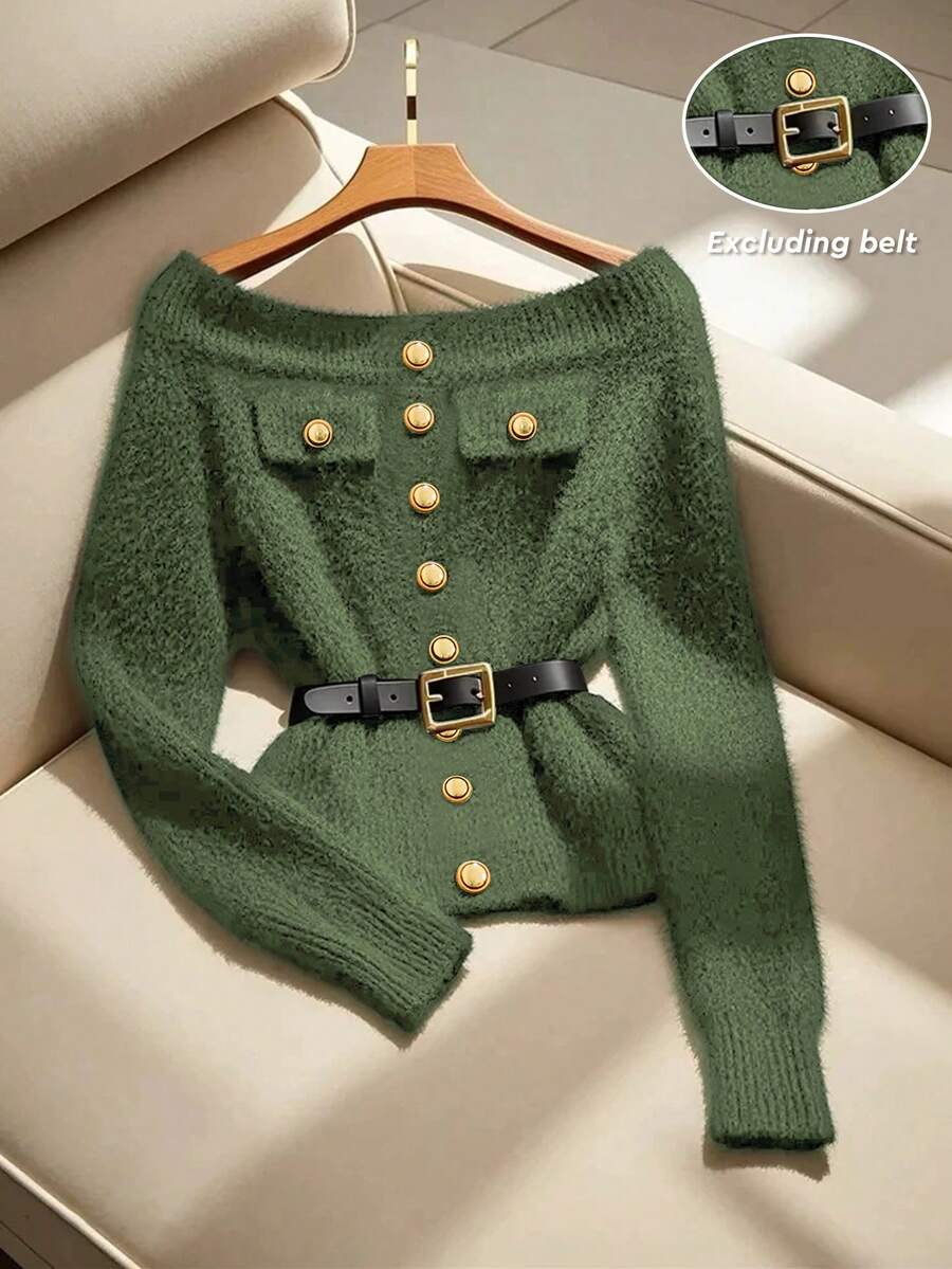 GlowEve 初秋冬新款奢华黑色长袖针织衫，慵懒高端通勤修身口袋装饰女毛衣 - 軍綠色 - 查看 1