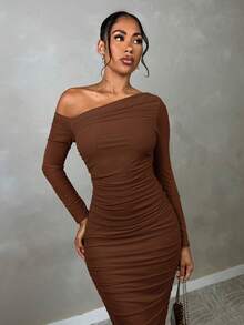 SHEIN BAE 女士秋季褶皱网纱优雅约会派对中长连衣裙，修身长袖 - 棕色 - 查看 4