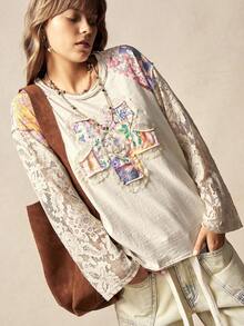 Bohemela Áo thun nữ Boho Thu/Đông/Xuân kiểu vintage, chất liệu dệt kim trơn màu phối ren hoa văn Paisley, cổ tròn, tay dài, dáng rộng, thích hợp cho kỳ nghỉ, đi xem hòa nhạc, đi nghỉ mát, đi học, Giáng sinh và Năm mới. - Màu be - Xem 2