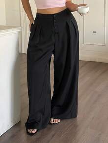 Sunnyshic 大码女式纯色复古学院风百搭浪漫可爱纽扣前褶阔腿弹力腰宽松休闲裤，适合春、夏、秋季工作和通勤穿着。 - 黑色 - 查看 2