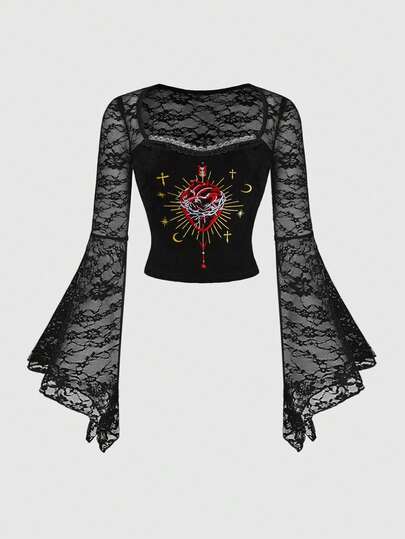 Goth Gotischer dunkelroter Herz-Stickerei Samt Kontrast Spitze Schleife Saum Patchwork Netz Damen taillierte Bluse mit überlangen Ärmeln