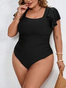 SHEIN CURVE+ 大码夸张荷叶边泡泡袖连体泳衣，适合夏季度假，女士度假装扮，女士沙滩装扮，大码泳衣，女士连体泳衣套装，泳装，显瘦泳衣 - 黑色 - 查看 4