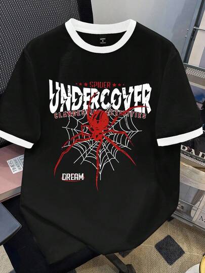 Manfinity Joysei Standard Size Men's Black Spider Graphic T-Shirt With White Sleeve Trim Design