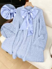 Franclia Women's Light Blue Elegant Everyday Autumn Sweater Dress,Plus Size Ribbon Tie Bow Round Neck Long Raglan Sleeves Floral Yarn Knitted Mini Pullover - Blue - View 1