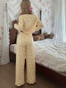 SHEIN 两件套蝴蝶结蕾丝装饰圆领上衣和裤子睡衣套装，冬季服装 - 黃色 - 查看 2