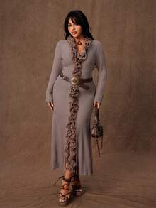 Rustia 秋季纹理罗纹荷叶边下摆开衩修身连衣裙（女款） - 卡其色 - 查看 8