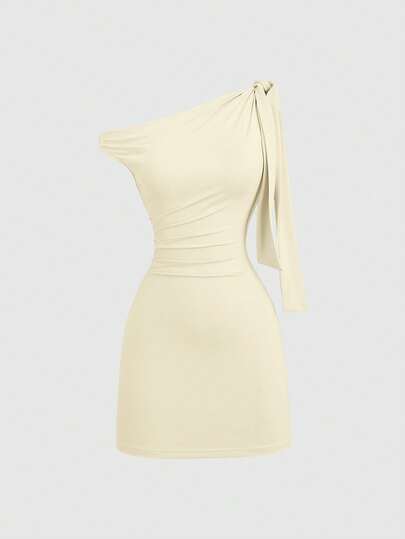Sweetra Vestido ceñido sexy con hombros oblicuos y volantes, que ciñe la cintura y es favorecedora, falda mini con estilo francés chic