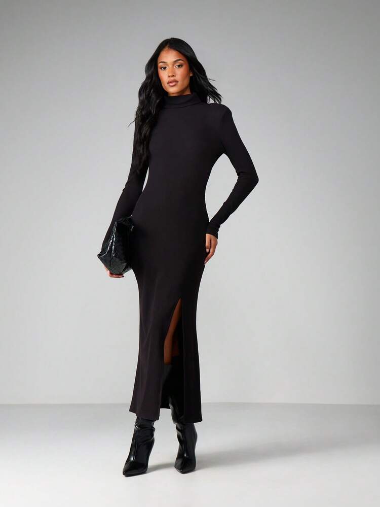 MISSGUIDED 이브닝 파티복용 골지 터틀넥 긴소매 바디콘 맥시 드레스, 옆트임 및 숄더 패드 포함