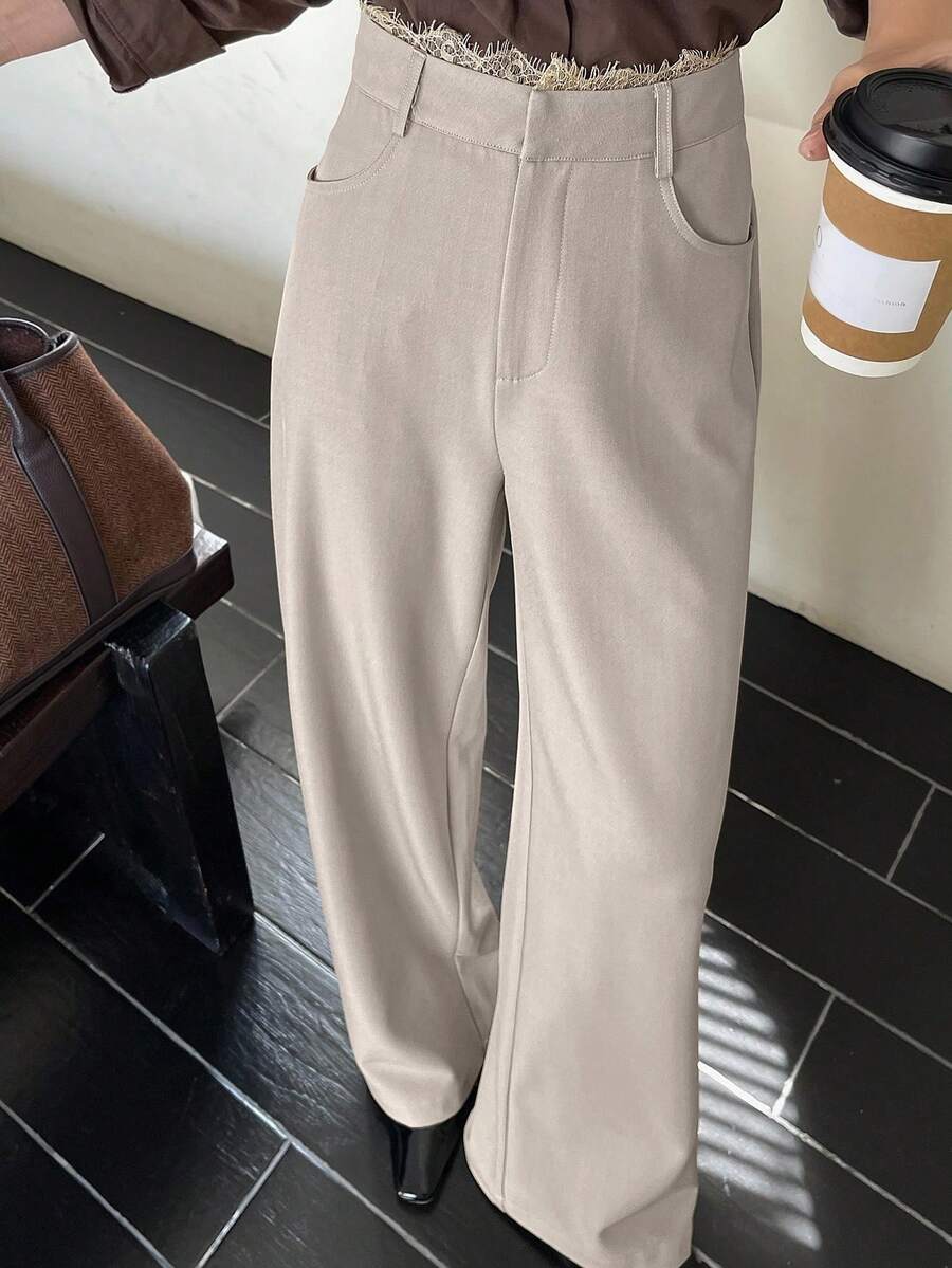 DAZY Pantalones anchos de mujer casuales y sueltos con parches de encaje - Albaricoque - Ver 1