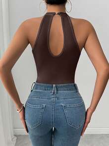 Glamine Simple Solid Color Backless Bodysuit For Women - Brown - View 2
