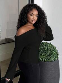 Alexandranx Crew Neck Solid Color Pullover Sweater - Black - View 6