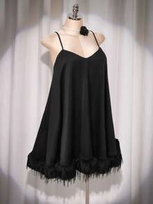 SHEIN ICON Váy ngắn satin chắp vá cỡ lớn cho nữ, dự tiệc - màu đen - Xem 7