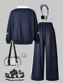 SHEIN ChillGRL Genkimix Tween女孩2件套：極簡時尚數字與英文印花V領POLO領長袖上衣，搭配星星印花直筒長褲，適中厚度，適合春秋日常穿著 - 藏蓝色 - 查看 2