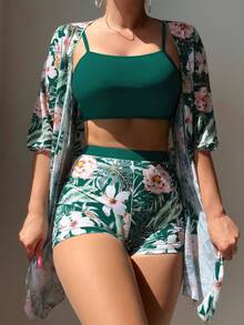 Swim Lushoire 女士夏季海滩度假热带印花比基尼泳衣和和服罩衫三件套