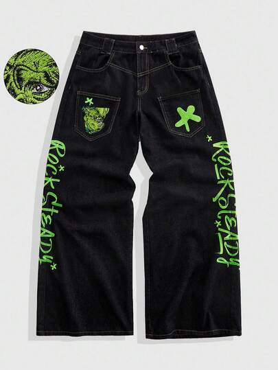 TEENAGE MUTANT NINJA TURTLES X ROMWE Jeans ample avec broderie de tortues mutantes et lettres