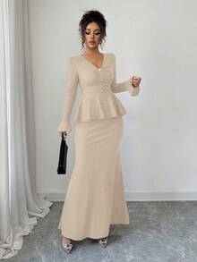 Elenzga Elegant & Chic French Style Deep Brown Textured Fabric, Fitted V-Neck With Metal Buckle Decor, Flared Sleeve & A-Line Hem Top With Bodycon Fish Tail Hem Skirt 2-Piece Set For Women - Light Yellow - View 4