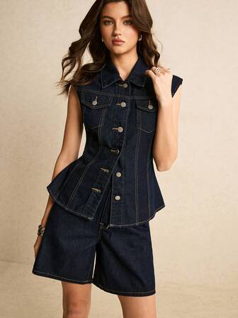 Poéselle Women's Denim Two Pieces Set: Casual Daily Commute Sleeveless Single-Breasted Slim Fit Denim Jacket And Shorts Suit Summer Dark Blue Denim Suit For Everyday Outings And Travel Y2K Music Festivals Christmas New Year Valentine's Day