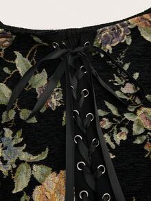 Sweetra 方领镂空长袖提花优雅中世纪复古公主宫廷镂空系带可爱派对A字长裙，适合大码女性 - 黑色 - 查看 8