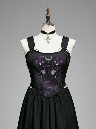 Plus Size Women Gothic Mysterious Butterfly & Floral Print Vintage Thick Strap Tank Top