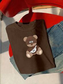 Camiseta corta de mujer casual con estampado de oso, verano - Café integral - Ver 3