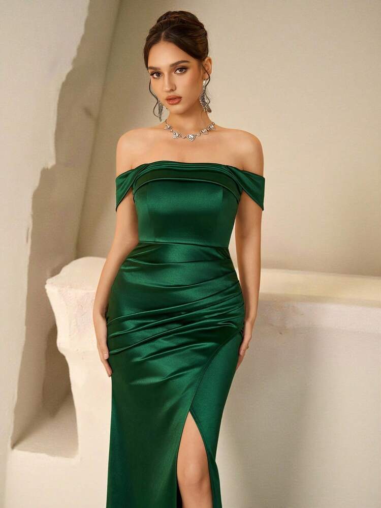 Coutiva Vestido elegante de dama de honor de unicolor con hombros descubiertos y abertura alta - Verde - Añade 4