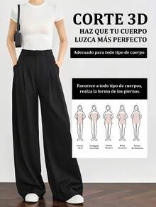 Pantalones casuales sueltos de pierna recta con plisados de cintura alta negros para mujeres, pantalones anchos de color liso, pantalones de mujer, textura, simple, casual, de moda y versátil - Negro - Ver 8