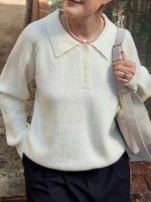 Vivie Lora Women's Loose Fit Turndown Collar Ribbed Knit Cardigan Sweater - White - View 4