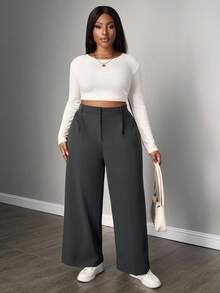 SHEIN PETITE CURVE Quần ống rộng đơn giản xếp ly trơn cỡ lớn - Xám - Xem 6