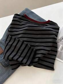 INAWLY 女士条纹印花圆领休闲百搭长袖上衣 - 黑色 - 查看 2