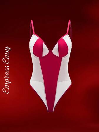 Empress Envy 简约时尚钢圈聚拢撞色网眼拼布红色拼布腰部修身裆部按扣连体衣，适合日常穿着和派对，展现迷人曲线