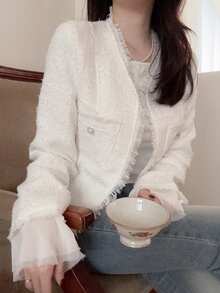 DAZY 法式优雅修身开衫，女士长袖短款常规夹克外套 - 白色 - 查看 10