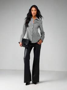 MISSGUIDED Blusa ajustada de manga larga con cuello en V y lazo en la espalda en color rosa claro, para uso casual en la oficina o trabajo, de moda para otoño, invierno y primavera