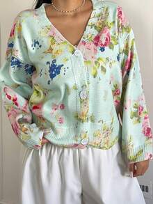 Sunnyshic Plus Size Women Vintage Cute Sweet Pink Rose Floral Print Button Front Puff Sleeve Cardigan, Women's Resort Autumn/Winter Clothing, Suitable For Daily Commute, Indoor/Outdoor Casual Wear, Spring, Summer, Fall, Winter, Spring/Fall, Fall/Winter