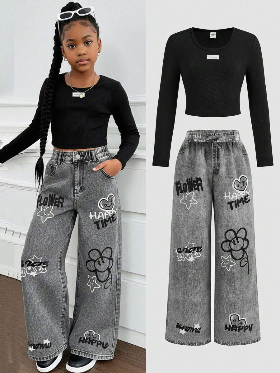 SHEIN 2pcs/Set Tween Girls Black Knit Crop Top + Wide Leg Straight Pants, Casual Daily Fashion Versatile - Black - View 1