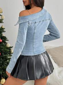 Rivivi Fashionable Front Button Asymmetric Collar Fitted Denim Blouse - Light Wash - View 2