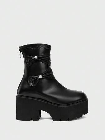 Botas de tobillo con cuña de suela gruesa y decoración de lazo, de moda versátil para mujeres