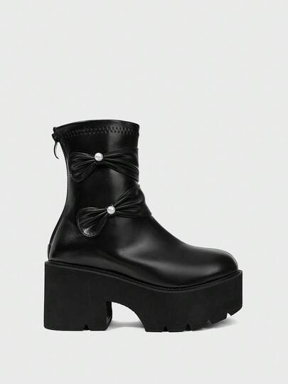 Women's Fashion Versatile Bow Decor Thick Bottom Wedge Ankle Boots