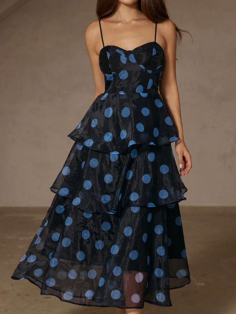 Revavyn 蓝黑波点欧根纱随机印花抹胸式腰部层叠荷叶边下摆优雅浪漫复古法式吊带连衣裙 - 彩色 - 查看 1