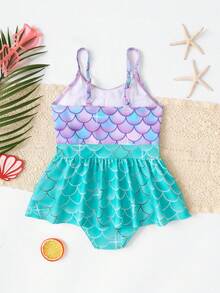 女孩美人鱼印花蝴蝶结可爱泳衣,运动沙滩度假游泳休闲趣味 - 藍色 - 查看 4