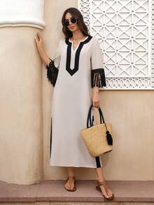EMERY ROSE Women's Vacation Casual Colorblock Fringe Decor Mid-Length Dress Long Summer Dress For Women Casual Dresses For Women Resort Dresses For Women Tassel Dress