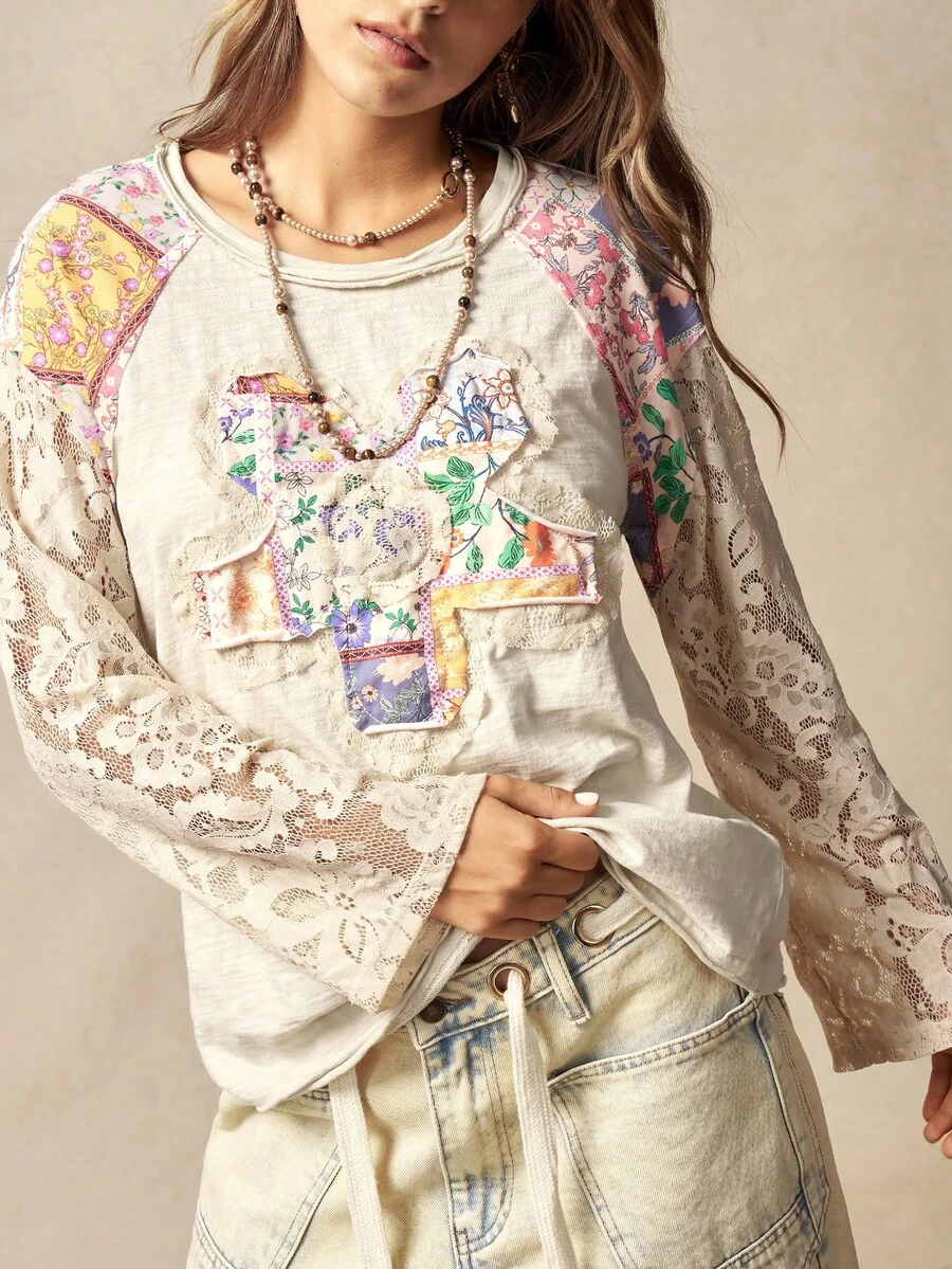 Bohemela Áo thun nữ Boho Thu/Đông/Xuân kiểu vintage, chất liệu dệt kim trơn màu phối ren hoa văn Paisley, cổ tròn, tay dài, dáng rộng, thích hợp cho kỳ nghỉ, đi xem hòa nhạc, đi nghỉ mát, đi học, Giáng sinh và Năm mới. - Màu be - Xem 1
