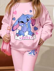 SHEIN 亮粉色、可爱有趣的卡通蓝色兔子露露、针迹图案、年轻女孩休闲简约厚圆领长袖运动衫和喇叭裤套装、适合秋冬季、秋季服装、轻松舒适、女童秋季分层装、时尚儿童、休闲装、儿童图案服装、秋季服装 - 粉色 - 查看 4