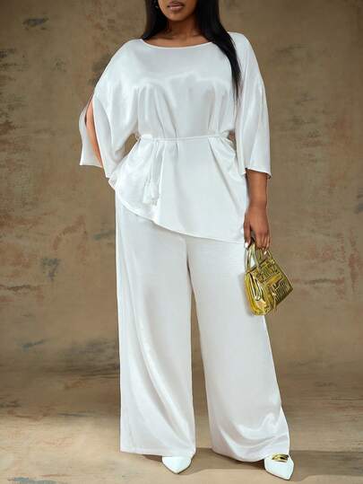 Truni Conjunto de pantalones de pierna ancha y hombro asimétrico de satén elegante para mujer de talla grande con cordón con flecos en la cintura, adecuado para ir a trabajar y citas