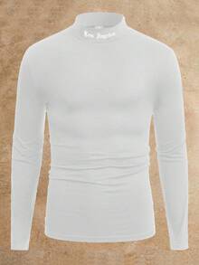 Manfinity NXTstreet Black Fitted Knit Printed Stand Collar Long Sleeve T-Shirt Cashmere Men S Clothing Men Turtleneck Shirts Summer Turtle Neck Men Men Knit Tops Mock Neck Men - Grey - View 4