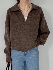 FRIFUL 女士纯色深灰色翻领落肩长袖宽松休闲百搭毛衣，秋冬款 - 棕色 - 查看 5
