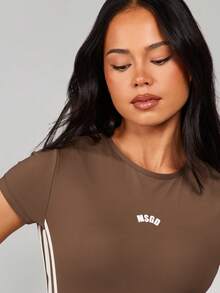 MISSGUIDED Active Unitard Jumpsuit With Side Stripe Detail And Crew Neckline Short Sleeve Full Length Athletic Bodysuit - Army Green - View 3