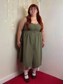 Enliva Abidrinkell Plus Size Summer Casual Solid Color Front Button Pocket Strap Dress, For Apple Rounded Body Shape - Army Green - View 3