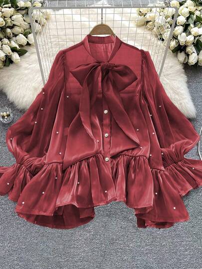 DreamSkyne 大码女式珍珠串珠蝴蝶结喇叭袖优雅衬衫